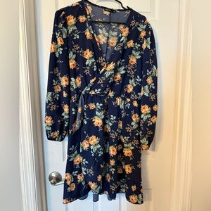 SHEIN Blue and Orange Midi Wrap Dress with Bishop Sleeves